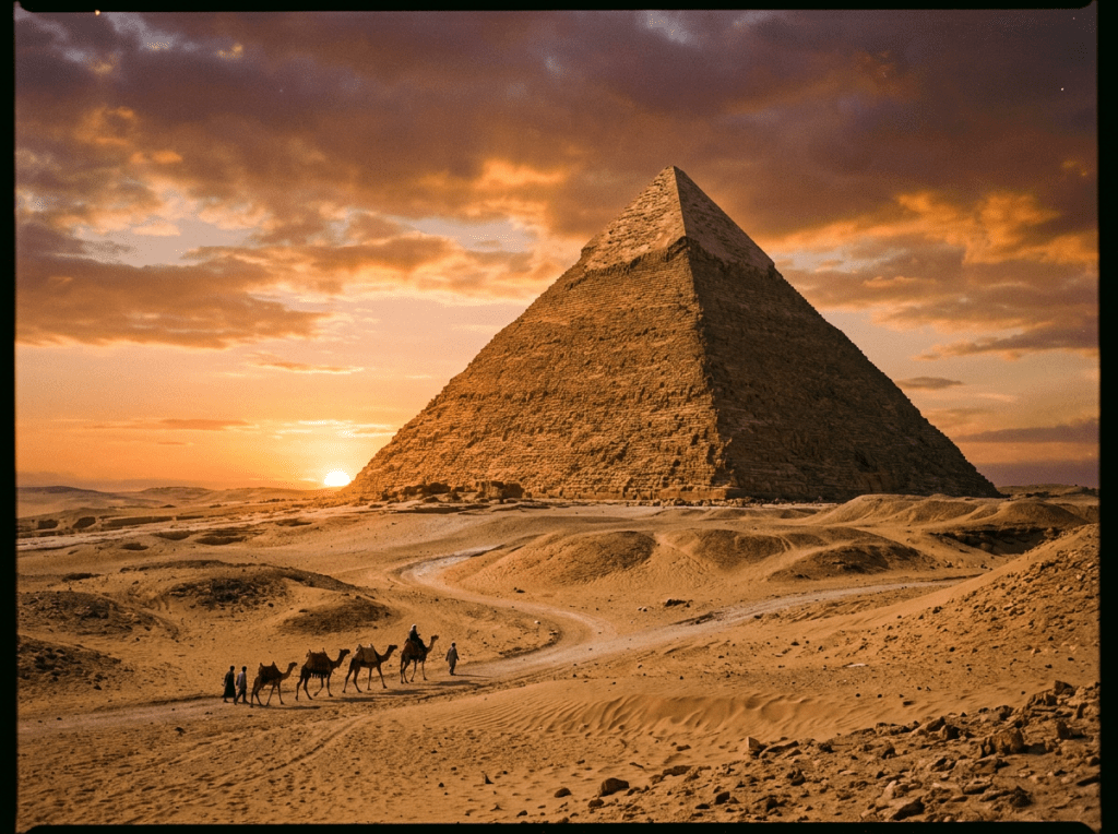 Camel caravan walking in desert near a large Egyptian pyramid at sunset