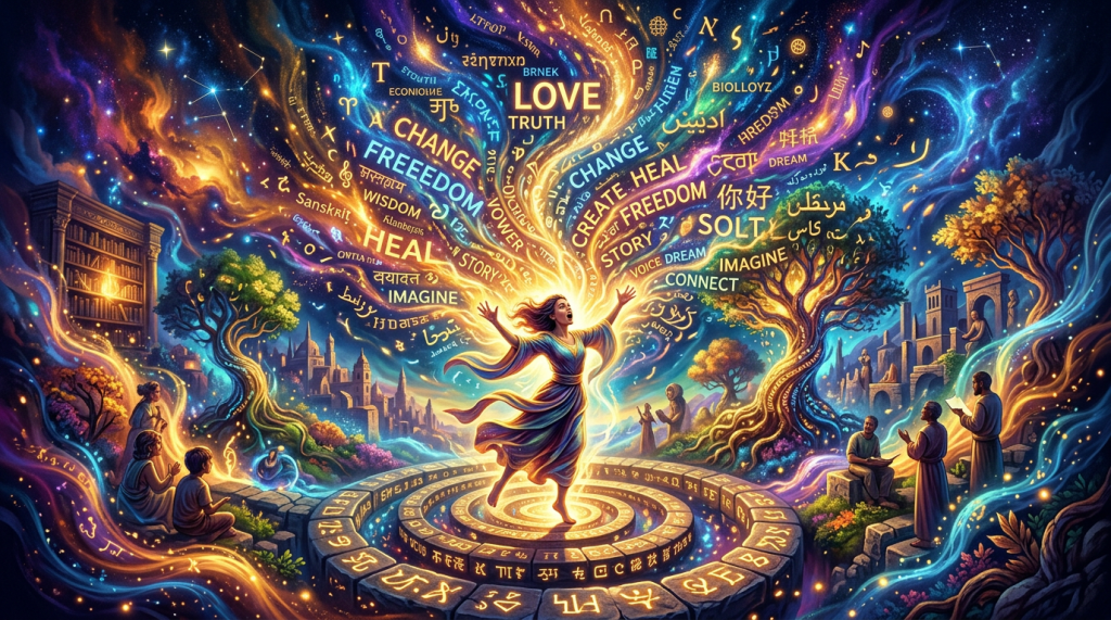 Figure surrounded by glowing symbols and words of love, freedom, and healing in a vibrant mystical setting
