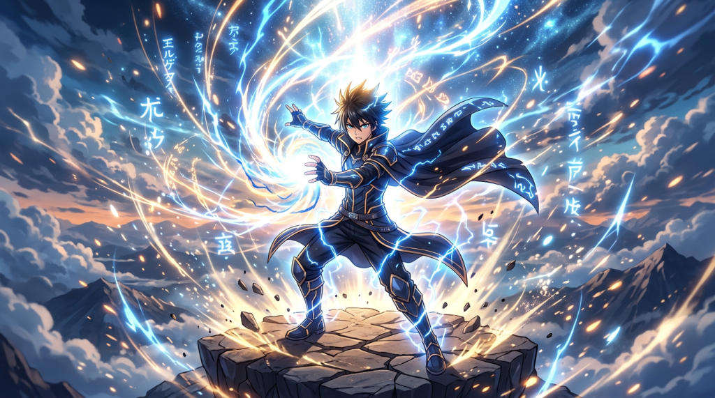 Anime-style warrior in dark armor casting glowing blue magical energy on mountain peak