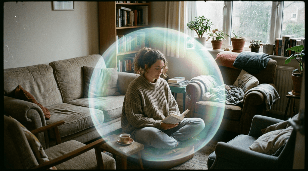 Woman sitting cross-legged reading a book inside a translucent colorful bubble in living room