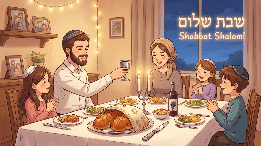 Family sitting at dinner table with Shabbat candles, challah bread, and wine celebrating Shabbat