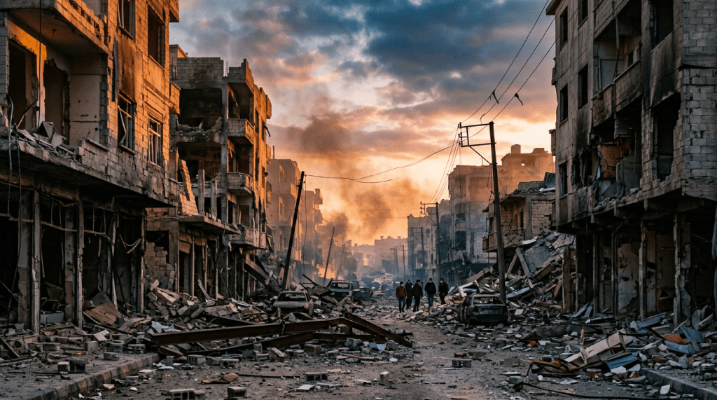 Destroyed urban street with rubble, damaged buildings, smoke, and people walking