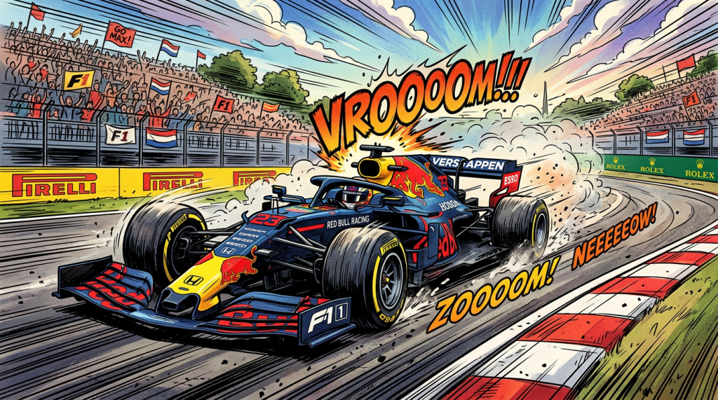 Red Bull Racing Formula 1 car racing around a track corner with speed lines and crowd cheering
