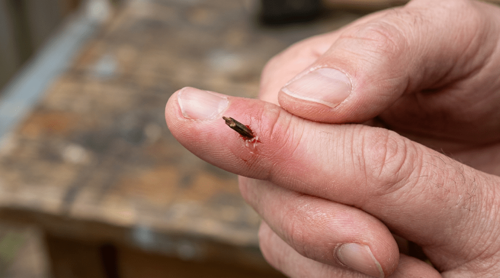 Finger with a wooden splinter stuck in the skin and slight bleeding